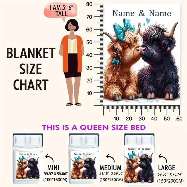 Customized name highland cow blanket personalized text, comfortable flannel blanket suitable for all seasons 3