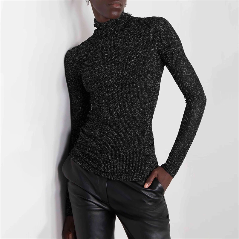 

Spring new high collar special reflective knitted pullover y2k high quality Korean stylefashion sexy elastic slimbottoming shirt