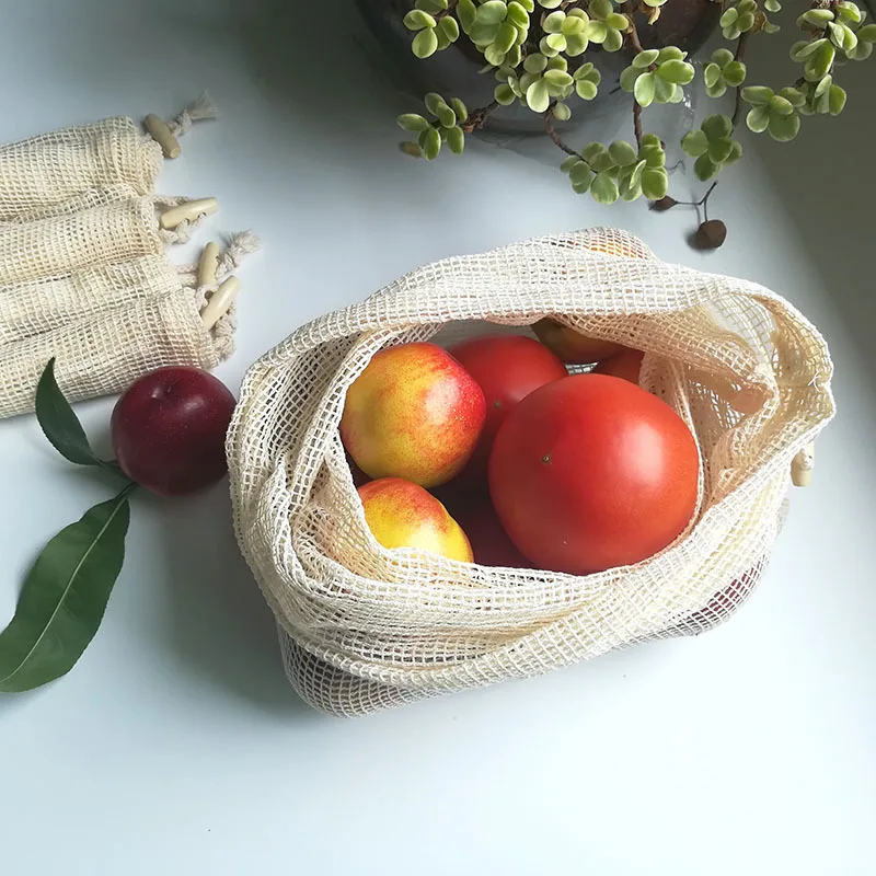 Reusable Cotton Mesh Produce Storage Bags with Drawstring for Fruits and Vegetables