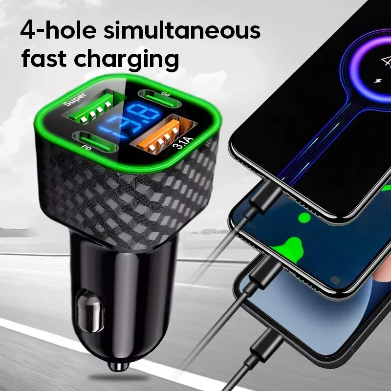 380W USB Car Phone Charger Dual PD 4 In 1 With Voltage Display Super Fast Charge Adapter For IPhone Xiaomi Samsung_voghion.com