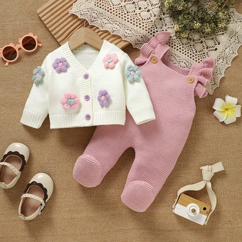 Set di vestiti per neonato Set di vestiti per bambina in maglia maglione a maniche lunghe pagliaccetto moda volant bambino cardigan tuta carino fiore 3D