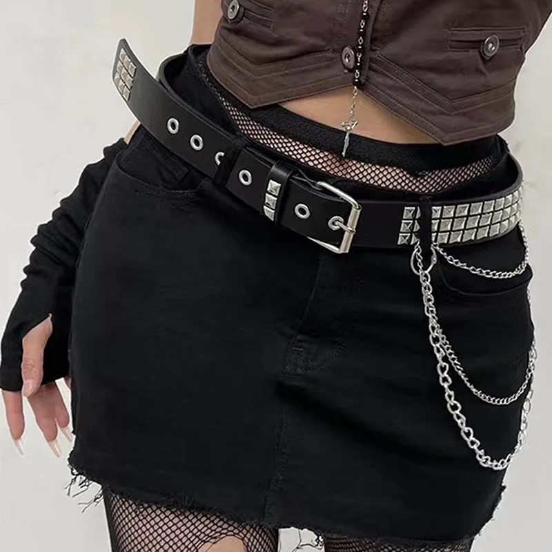 Punk Harajuku Fashionable Personality Trend Rivet Hanging Chain Unisex Belt Gothic PU Leather Belts Jeans  Accessories Waistband