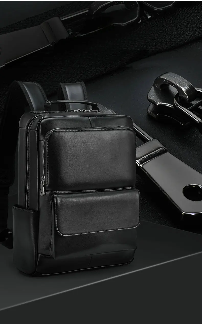 Unisex Black Leather Laptop Backpack Purse Bag