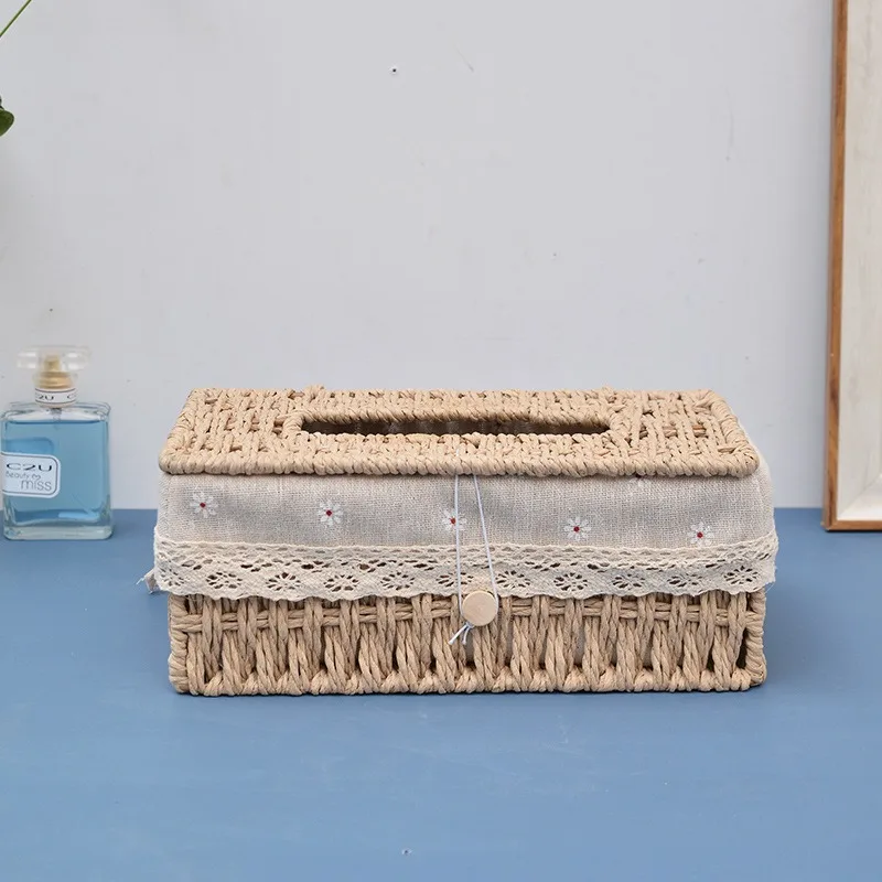 Grass Woven Tissue Box Drawstring Box Living Room Napkin Box Creative Fabric Extraction Solid Wood Tissue Storage Box 4