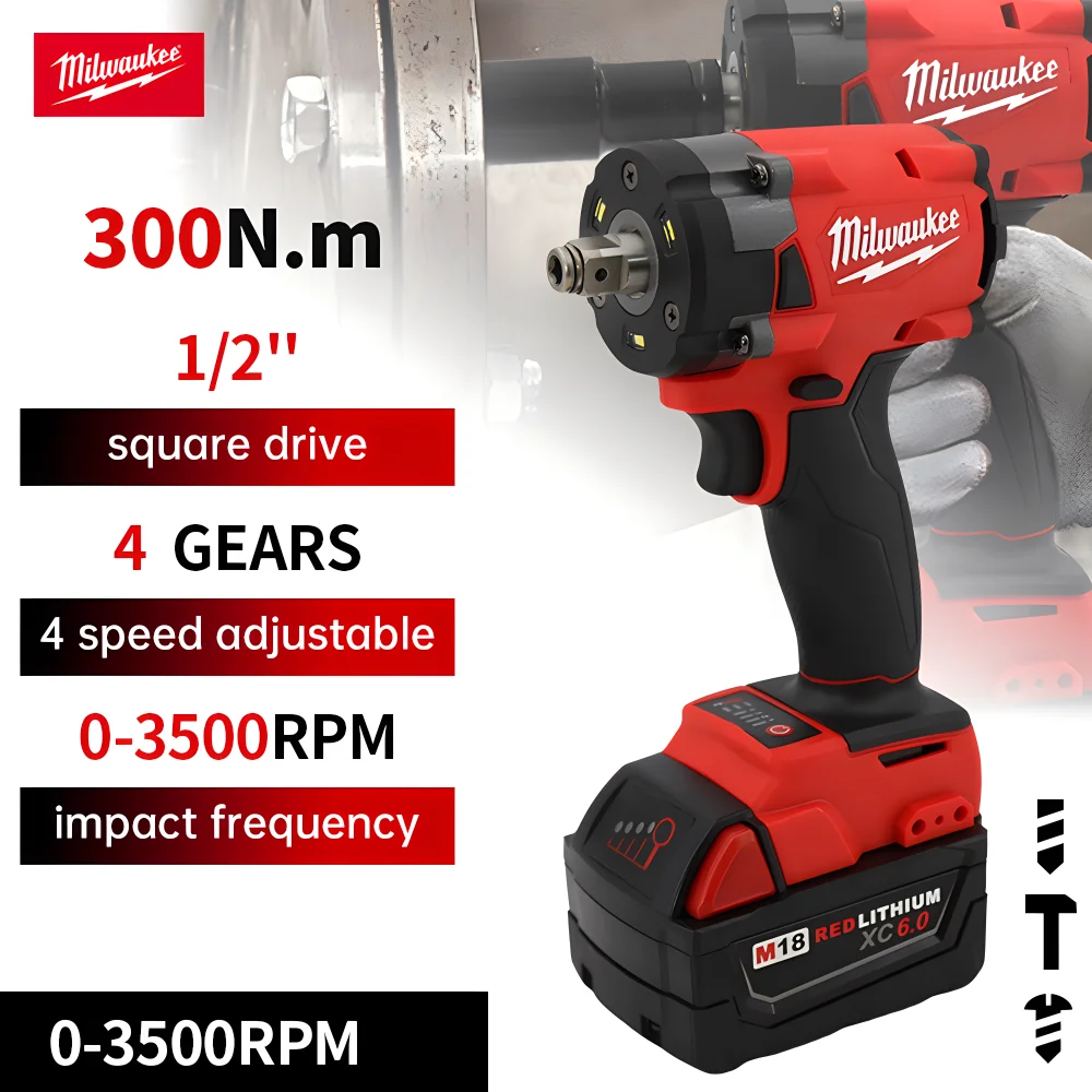 Milwaukee 300N.M Brushless Electric Impact Wrench 1/2 Inch Car Truck Repair Rechargeable 18V Battery Screwdriver Power Tools 2