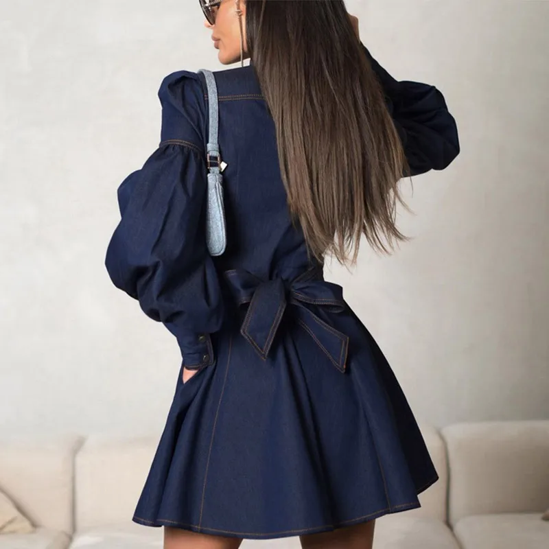 Casual Women's Denim Blue Mini Dresses O-neck Long Sleeved Cinched High Waist Lace Up Dresses 2025 Spring Lady A-line Vestidos