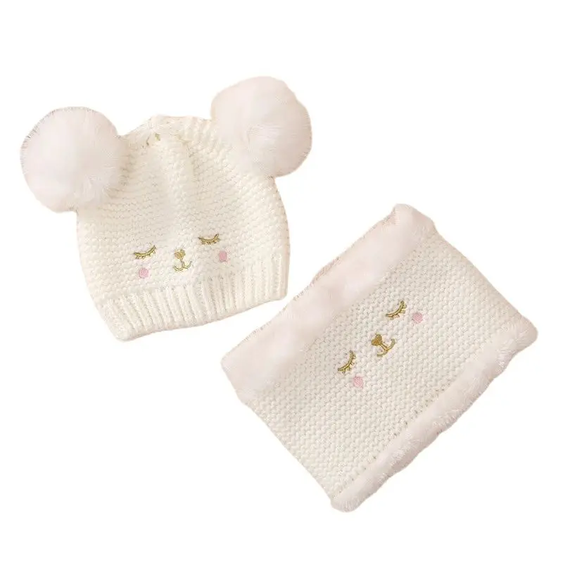 New Autumn Winter Baby Warm Hat Scarf Set Two Hair Balls Baby Hat Cartoon Knitted With Fleece Scarf Two-piece set