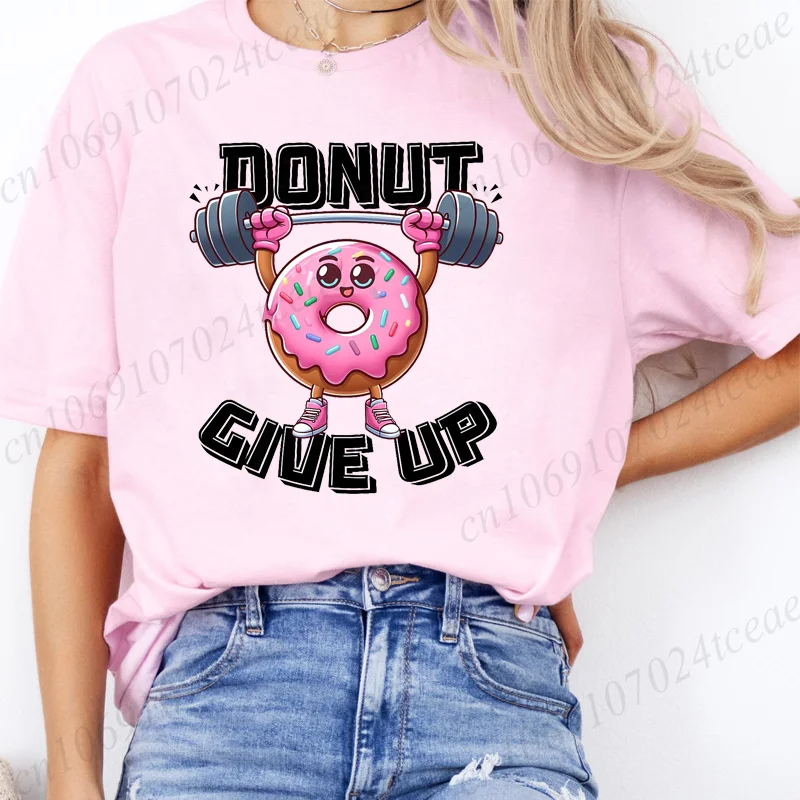 Doughnut Weightlifting Donut Give Up Girl T-Shirt Summer Tee Shirt Gym Lifting Gymer Cartoon Casual Popular Tshirt Vigor Leisure 3