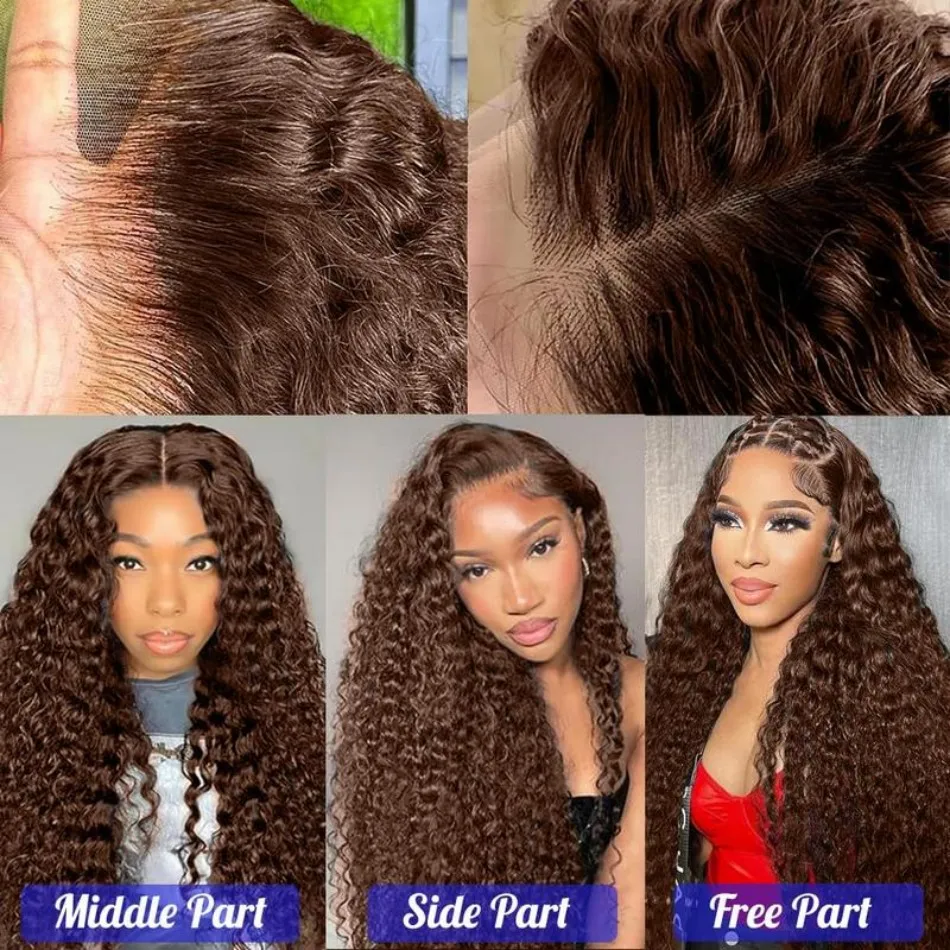 Chocolate Brown Human Hair Wigs 100% 13X6 Hd Lace Frontal Wig Curly Deep Water Wave Lace Front Wig Brazilian 250 Density 30 Inch