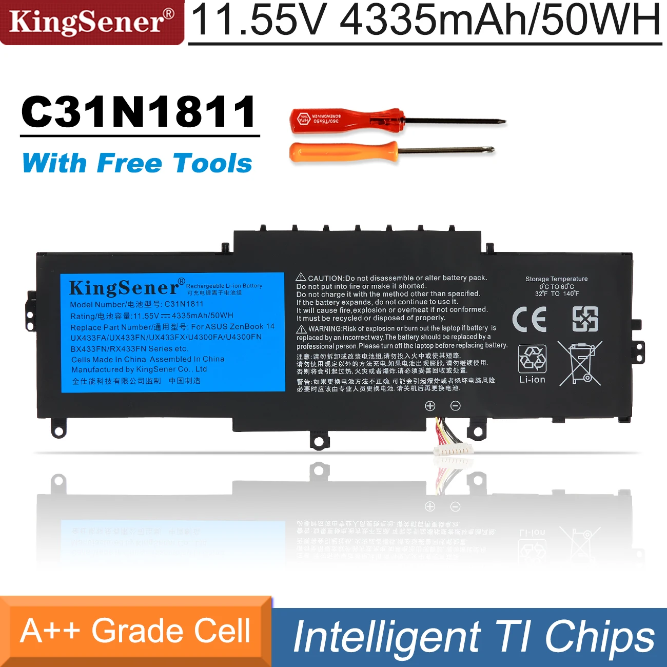 Bateria de Laptop para Asus Bx433fn Ux433fn2s Zenbook 14 Ux433f Ux433fa-a5046r 0b20003080000 4335mah Kingsener-c31n1811