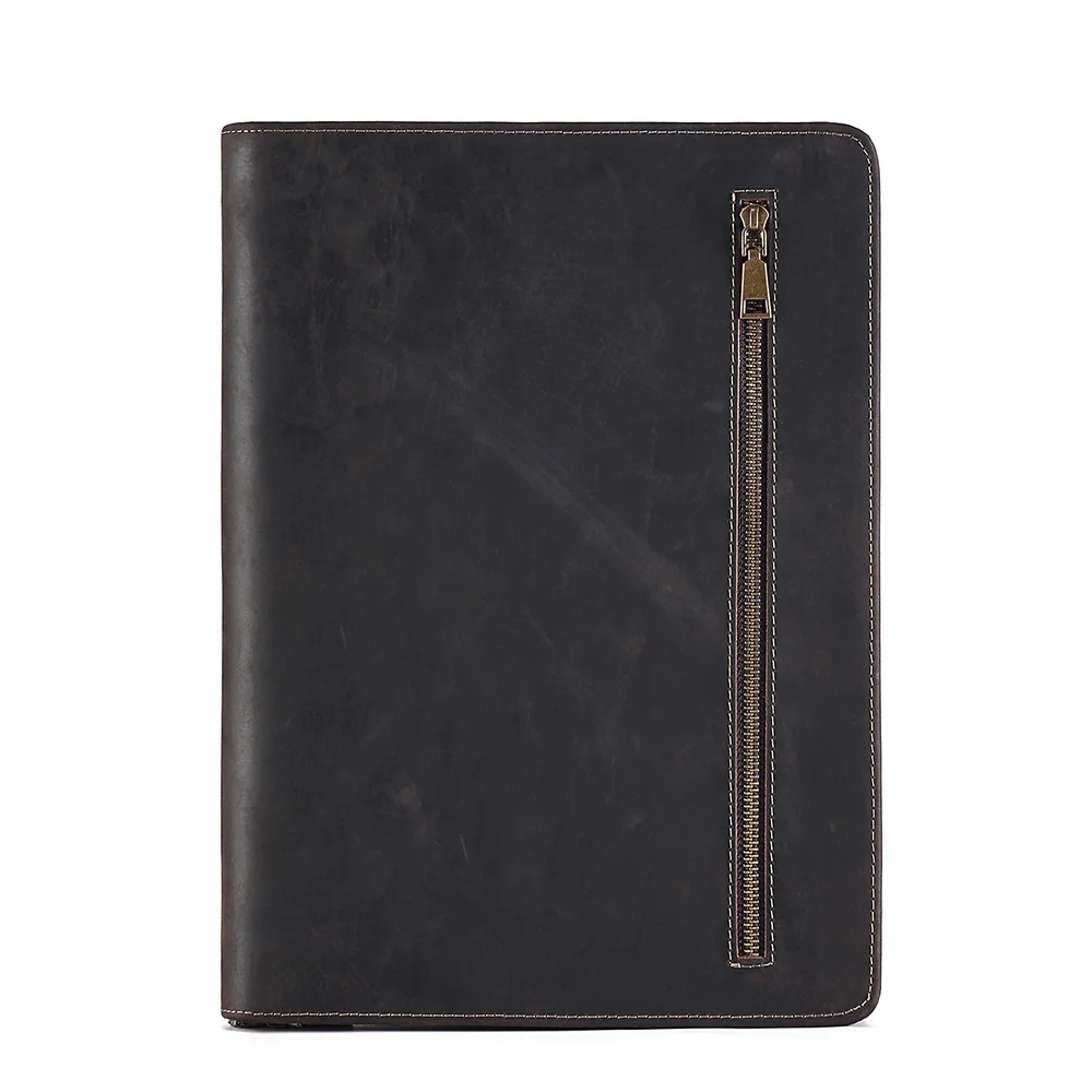 

Crazy Horse Leather Portfolio Case Men Women Multi Pocket Padfolio Cover Bussiness Document A4 Organizer Tablet Holder