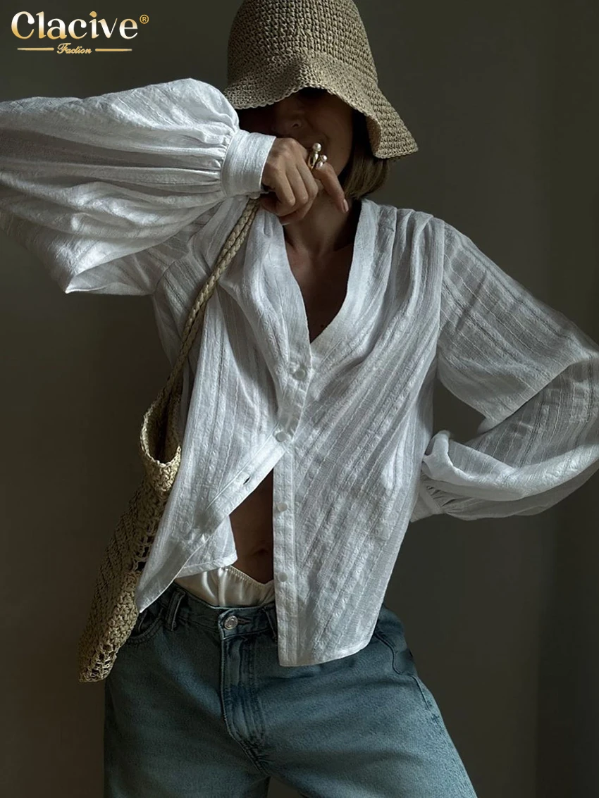 

Clacive Casual White Cotton Women'S Shirt 2023 Elegant V-Neck Long Sleeve Office Shirts And Blouses Blusa Top Female Clothing