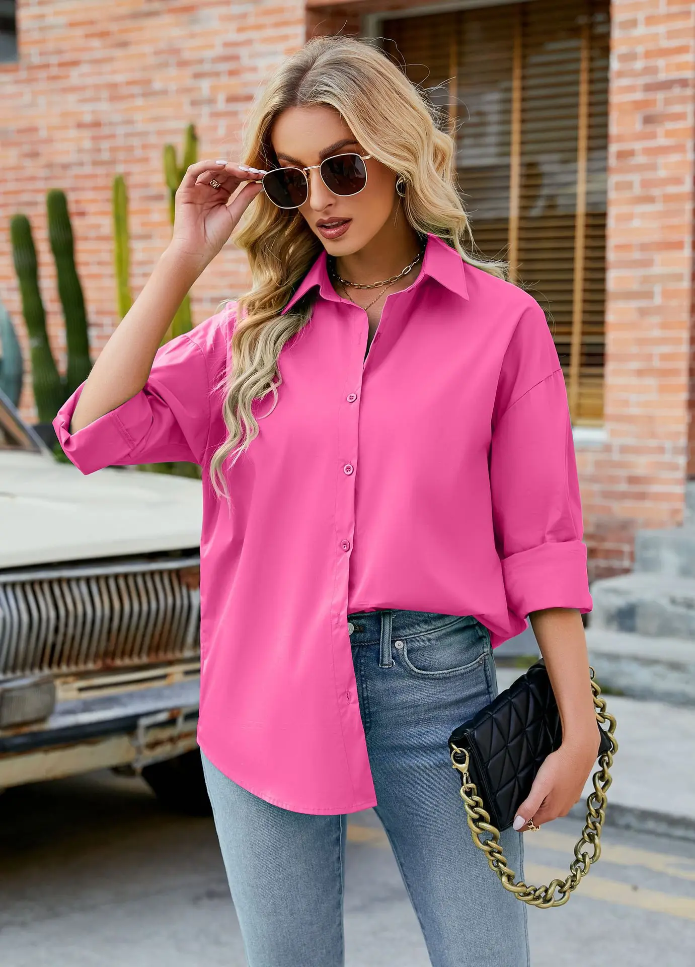 Womens Clothing V-neck Solid Button Long Sleeve Casual Blouse