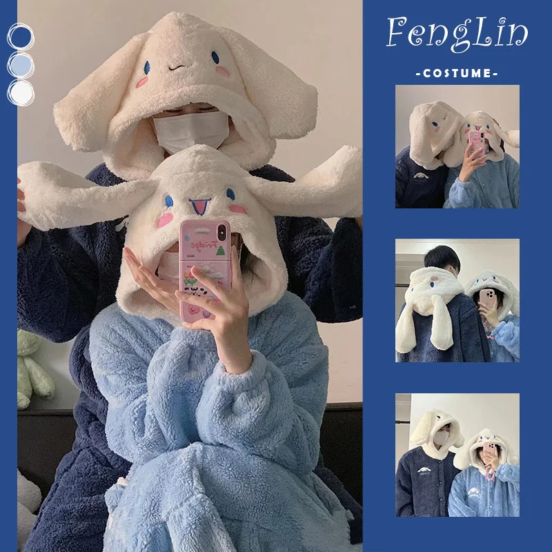 

Anime Kuromi Coral Fleece Nightgown Winter Warm Cute Casual Hooded Homewear Cartoon Soft Plush Nightgown Pajama Pants Set Gift