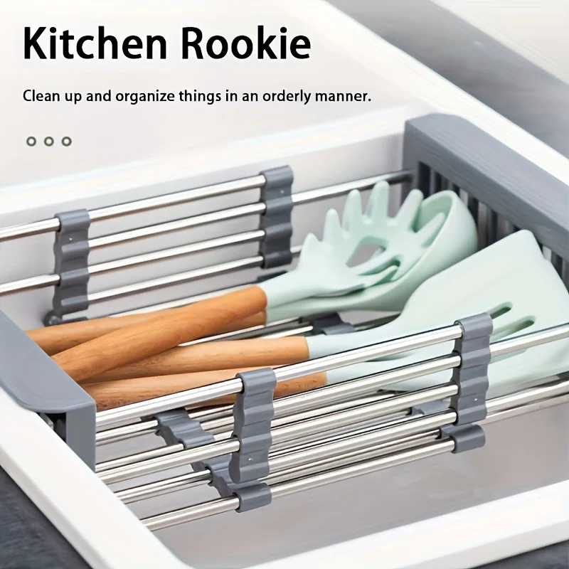 Kitchen Sink Drain Rack Retractable Stainless Steel Drain Basket Over The Sink Dish Drying Rack Multifunctional Accessories