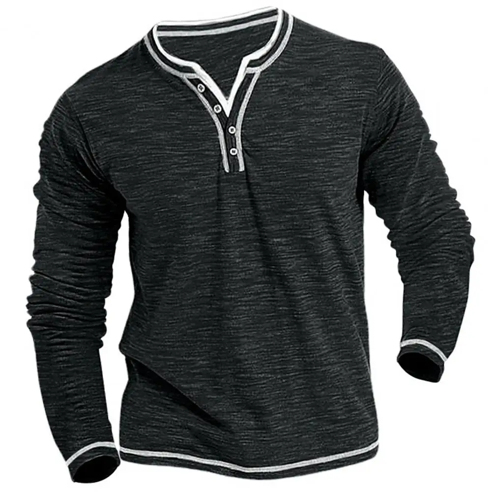 

Men Spring Autumn Shirt Top Soft Sweat Absorbing V-Neck Long Sleeve Solid Color Male Pullover Shirt Casual Streetwear