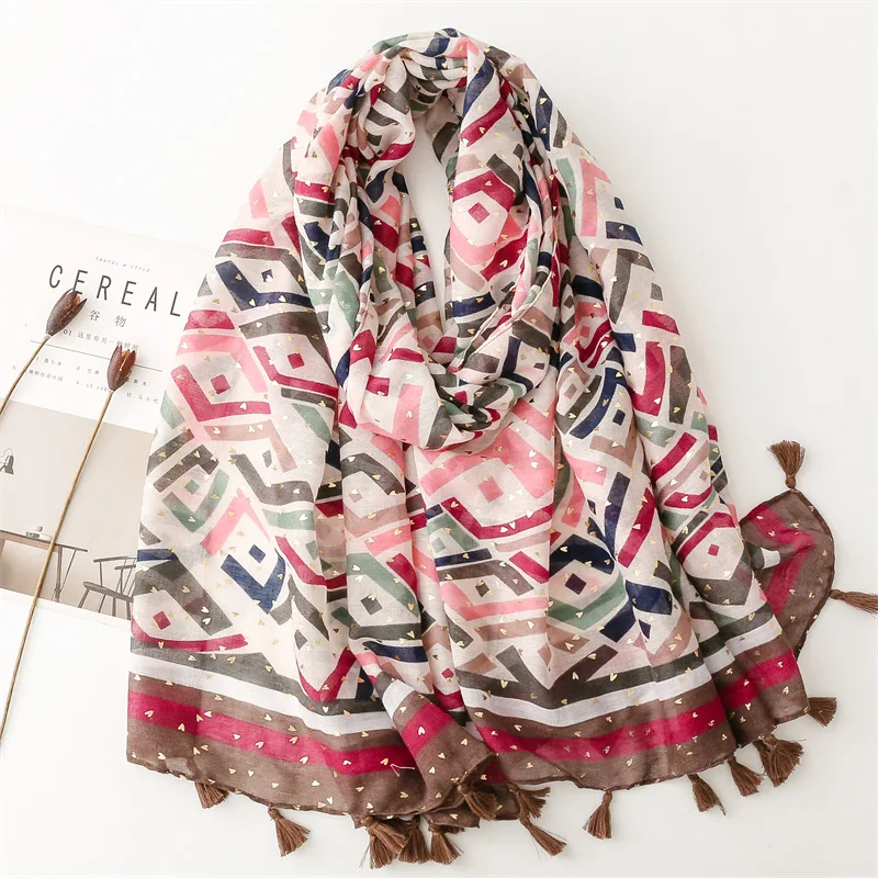 New Fashion Brand Aztec Geometric Tassel Viscose Shawl Scarf Lady Luxury Pashmina Hijabs and Wraps Foulard Muslim Sjaal 180*90Cm fashion color blocked plaid tassel viscose shawl scarf lady high quality thick pashmina hijabs and wraps muslim sjaal 180 90cm