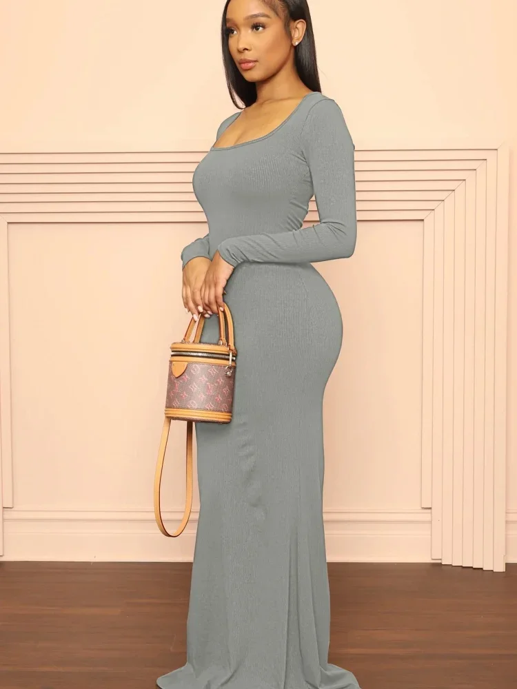 Wmstar Dress Women Autumn New Solid Color Fashionable Slim Fit U-neck Long Sleeved Ribbed Pit Stripe Dresses Dropshipping 2024