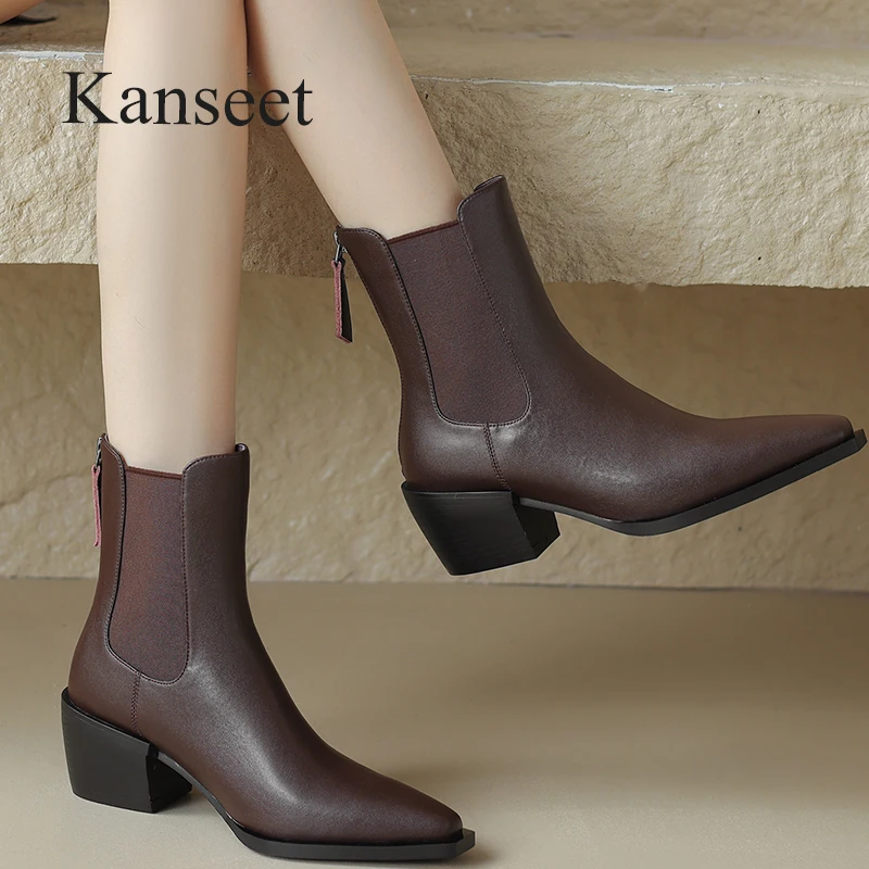 

Kanseet 2023 Short Boots For Women Autumn Winter Square Toe Elastic Genuine Leather Shoe Lady Fashion High Heel Ankle Boot Brown