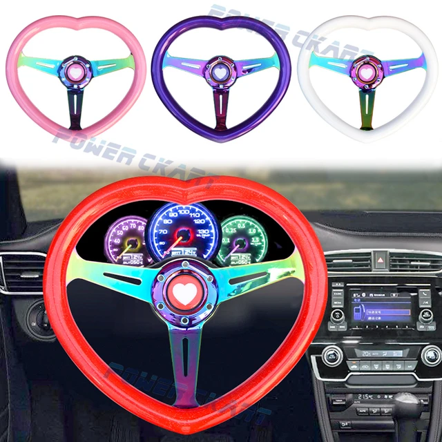 14inch Universal Racing Heart Steering Wheel Wood Chrome Spoke Girl  Steering Wheel with Anime Horn
