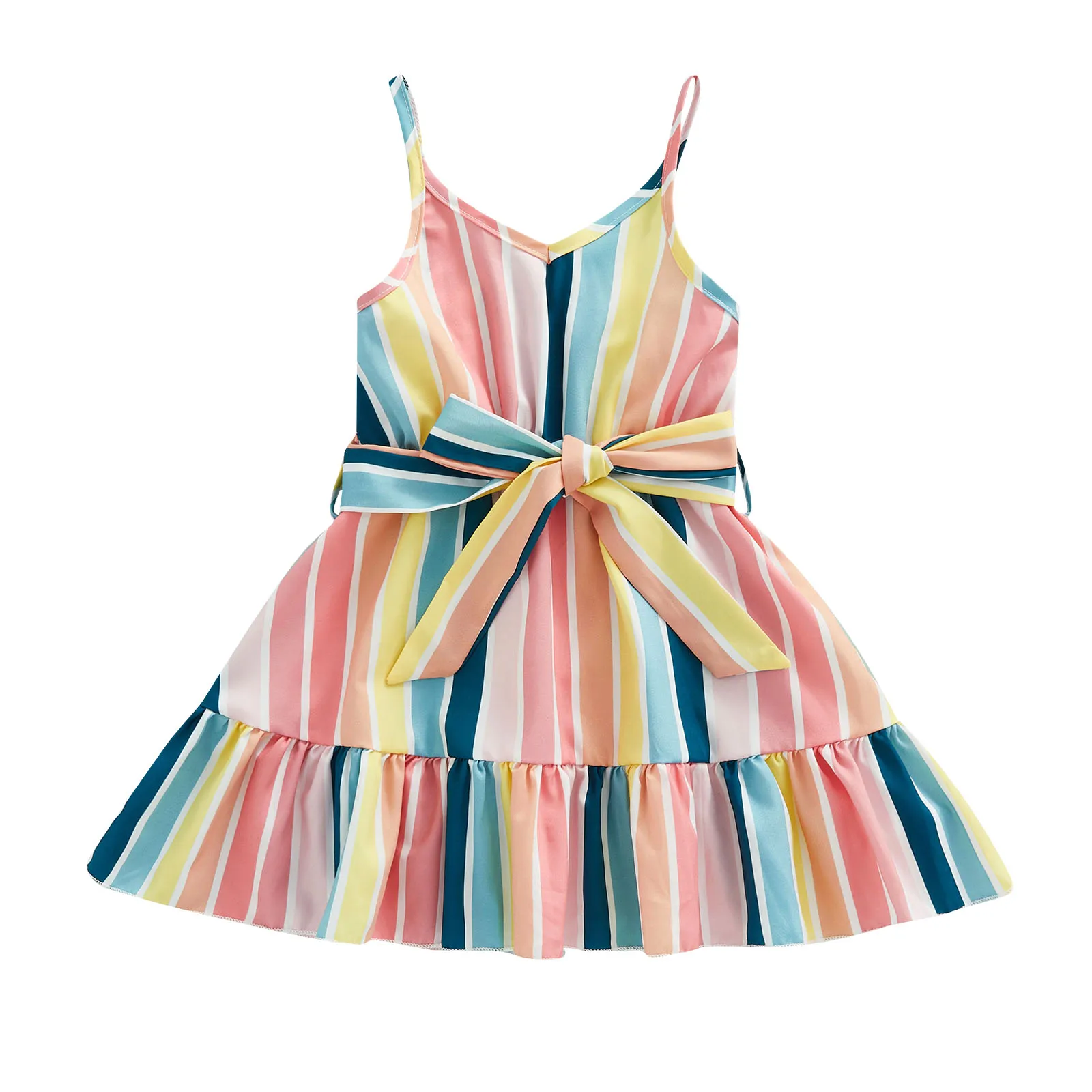 2 6Years Girls Belted Slip Dress, Summer Sweet Style Toddlers Mixed Color Stripes V neck