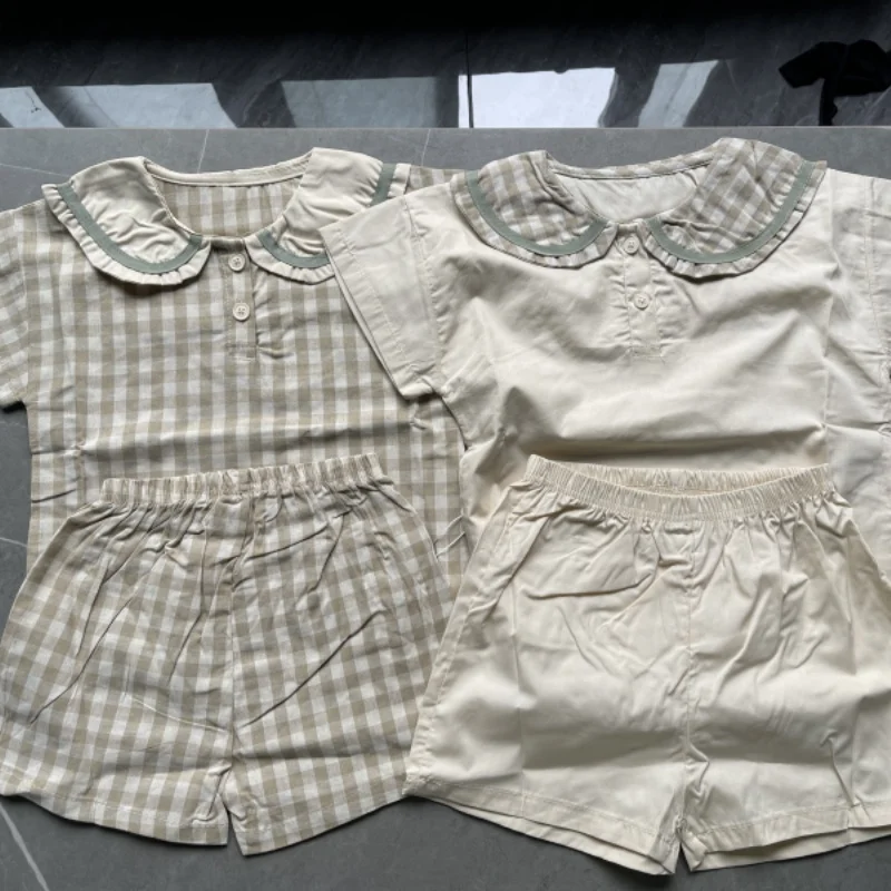 New Summer Baby Navy Collar Plaid Clothes Set Children Short Sleeve Tops + Shorts 2pcs Suit For Boys Girls Infant Outfits kids clothes set,two piece set,baby girl clothing set,shorts suit