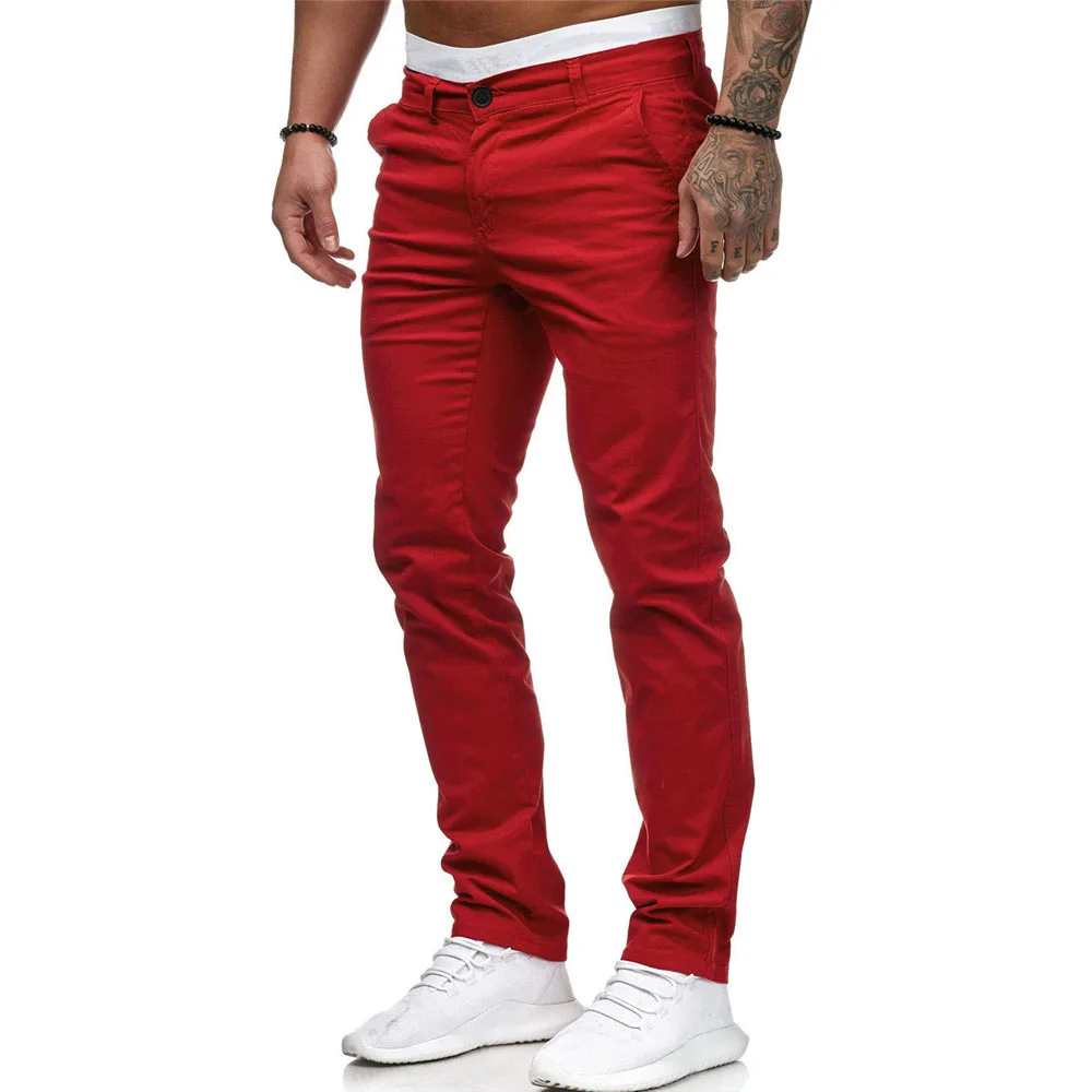 Men Slim Autumn Pants Solid Color Straight Workwear Trousers