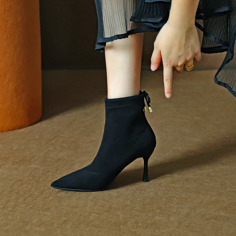 

Size 32-43 Spring Autumn Suede Stretch Boots Women Ankle Boots Pointed Toe Stiletto High-heeled
