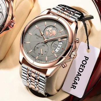POEDAGAR Top Original Men Watch Chronograph Waterproof Date Quartz Luxury Men's Watches Stainless Stain Business Male Wristwatch