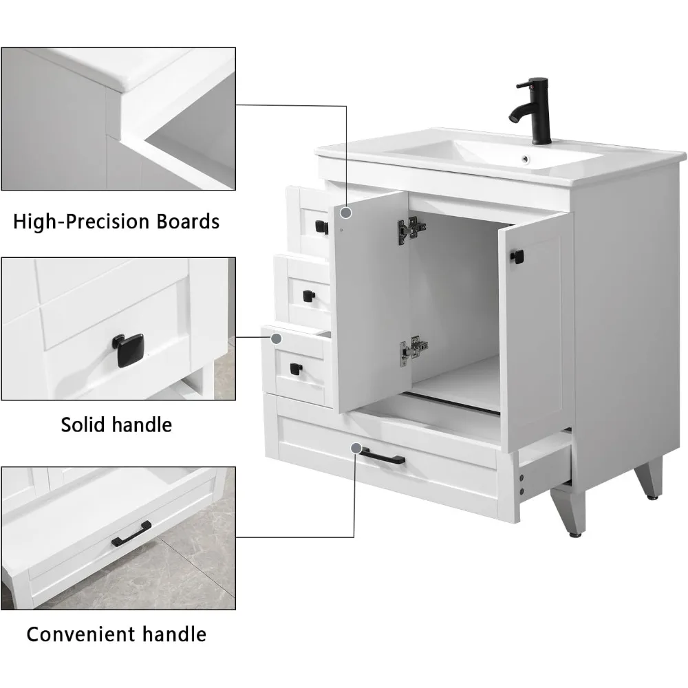 30" Bathroom Vanity Cabinet with Sink Combo Set, Undermount Ceramic Sink, Matte Black Faucet, High-Definition Mirror 3