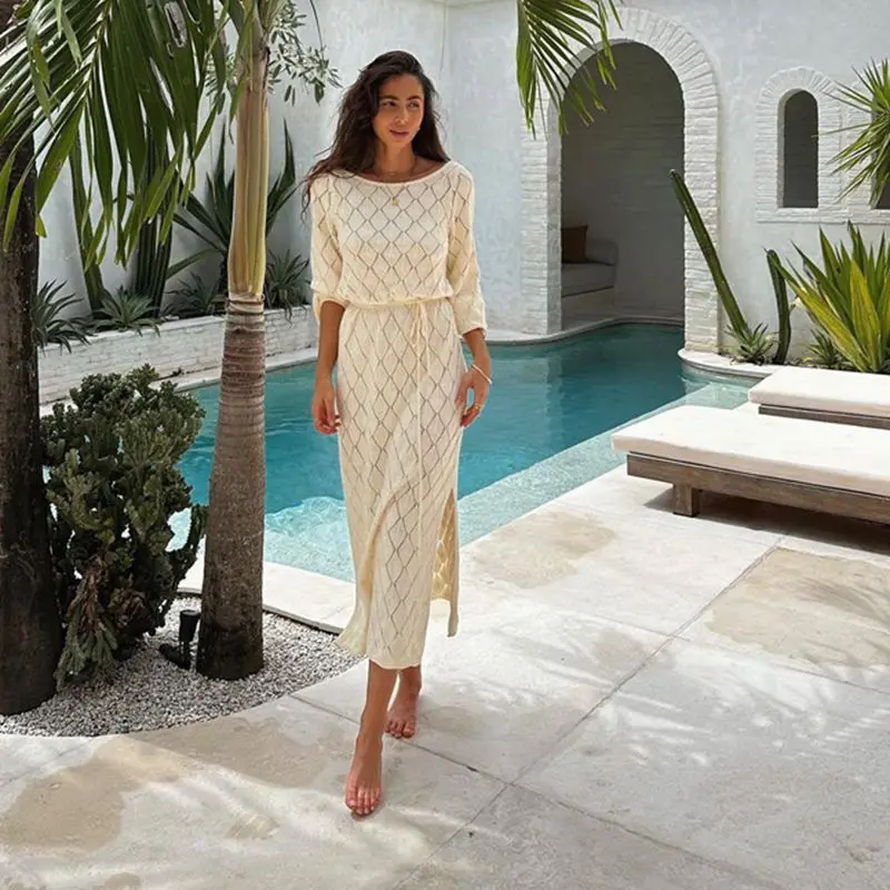 

Sexy Swimwear Crochet Cover Up Women Long Knitted Beach Dress Slit Long Sleeve Bikini Cover-Ups Holiday Dress Outfits Robe