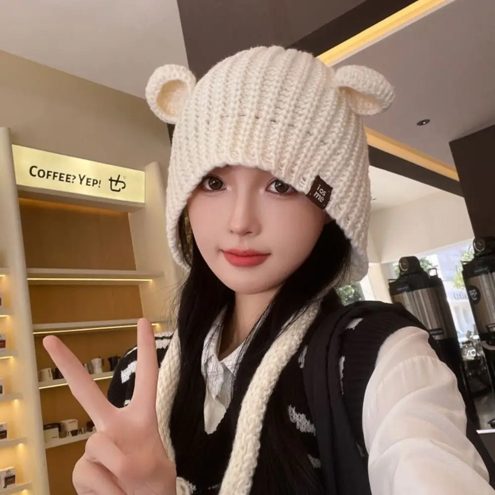 귀 보호 곰 귀 니트 모자 바람막이 한국 스타일 겨울 봄버 모자, 심플한 올 매치 고양이 귀 니트 비니 야외