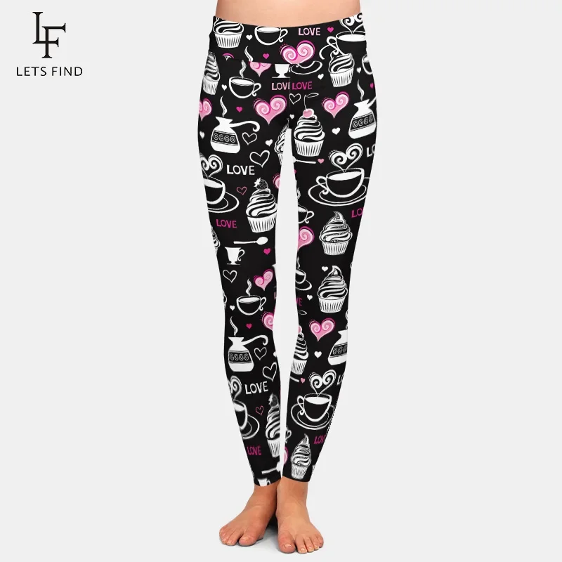 

Fashion Women Legging 3D Printing Black Coffee Pattern High Waist High Quality Milk Silk Comfortable Sexy Nine Point Pants