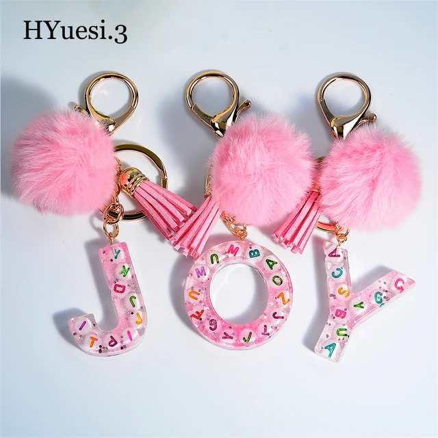 Black Resin Letter A-Z Keychain Alphabet Charm Key Ring with Pompom Fur  Ball for Women Girls Handbag Purse W2C2