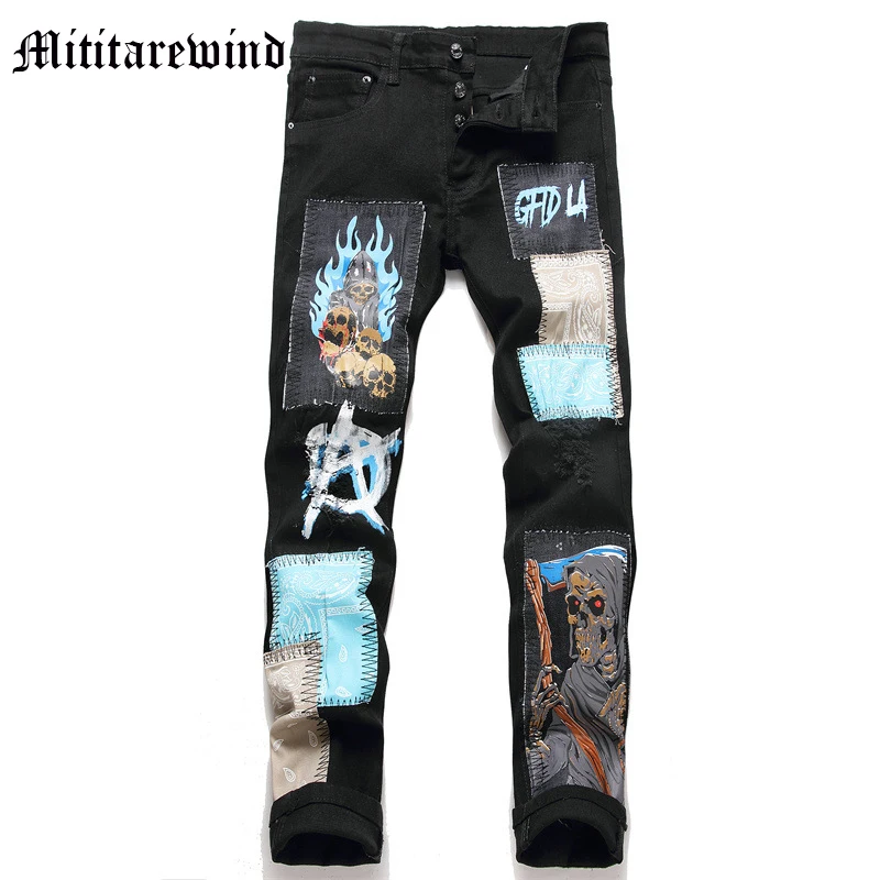 

Punk Style Men's Jeans Autumn Black Hole Patchwork Pants Skull Flame Print Slimming Trousers Y2k Youth High Street Clothing