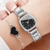 4PCS/Set Fashion Square Women's Quartz Watch Steel Band Watches Heart Bracelets Set（Without Box） 3