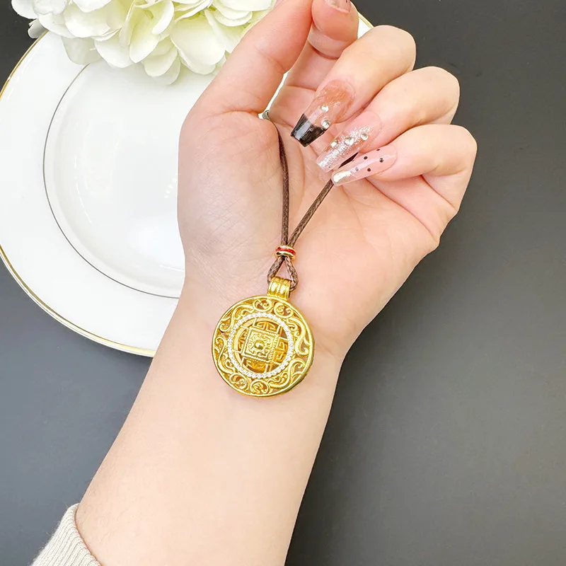 9999 24K real gold Fashion design ancient fashion necklace royal style diamond-studded eight treasures compass pendant