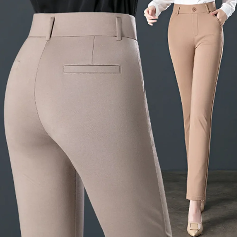 Pantalon droit à taille haute élastiquée - Beige