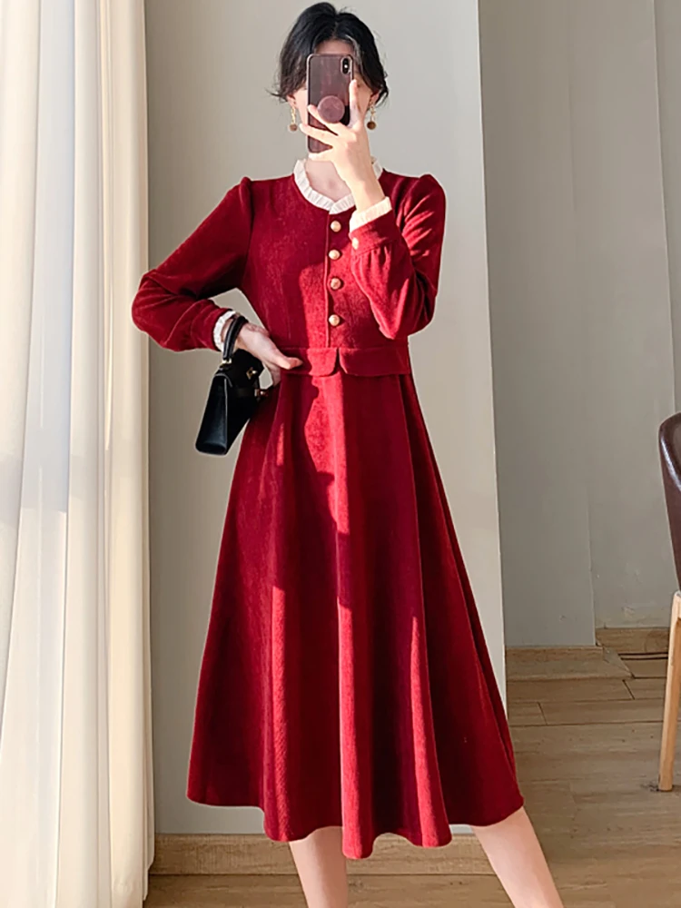 

Red Patchowrk Fake Two Piece Women's Long Dress Gown Autumn Winter Long Sleeve Chic Ruffled Collar Dress 2023 Korean Party Dress