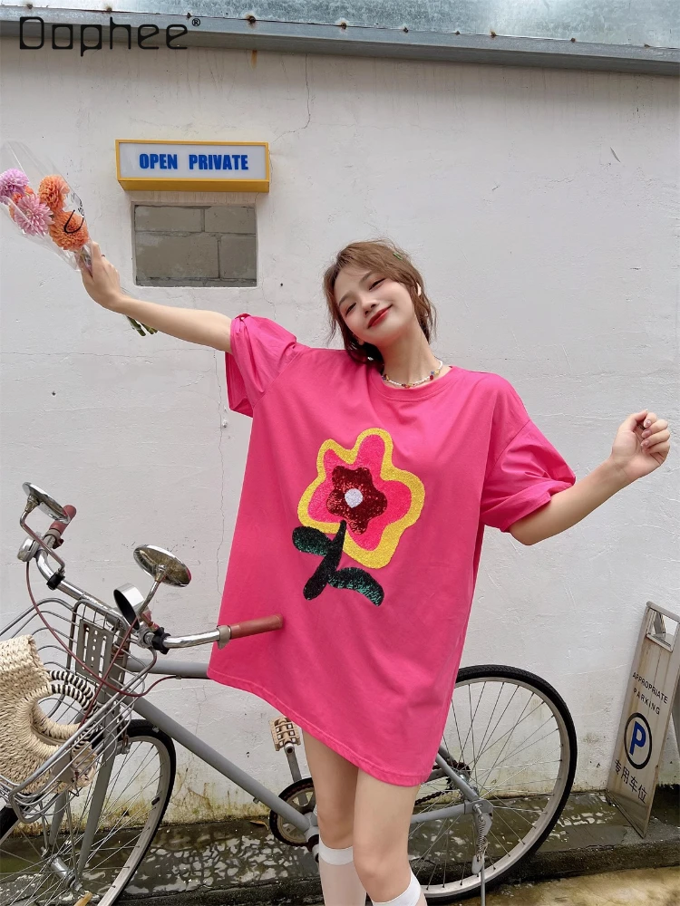 

Sweet Exquisite Embroidered Flowers Short-Sleeved T-shirt Women 2023 Summer Loose Cartoon Sequined Round Neck Top Kawaii Clothes