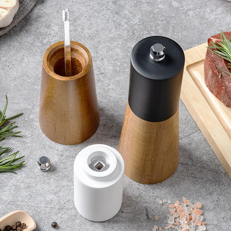 6 Inches Manual Pepper Grinder Salt Spice Mills Kitchen Wooden Pepper Powder Seasoning Shaker Grinder Bottle with Ceramic Rotor