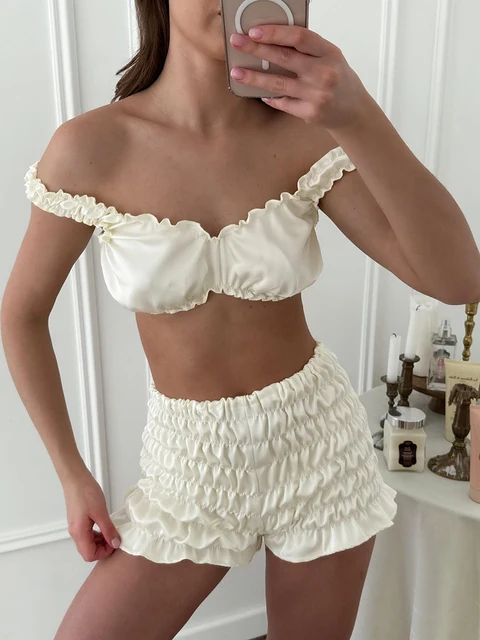 Pyjama sexy en satin HiLoc pour femme, ensemble 2 pièces avec débardeur court et short à taille élastique froncé, tenue d'intérieur unie pour femme