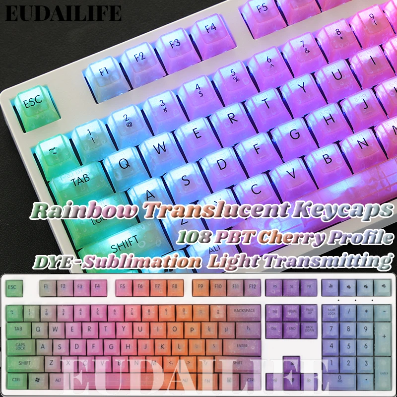 

Rainbow Translucent 108 Key Caps PBT 5-side DYE Sublimation Cherry Profile MX Cross Axis Switch Keycap Mechanical Keyboard Gift