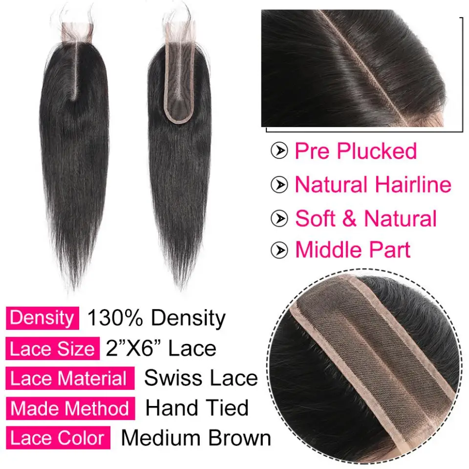 Brazilian Straight Hair Closure 2x6 Remy Human Closure Swiss Transparent Lace 8-22" for human hair lace closure