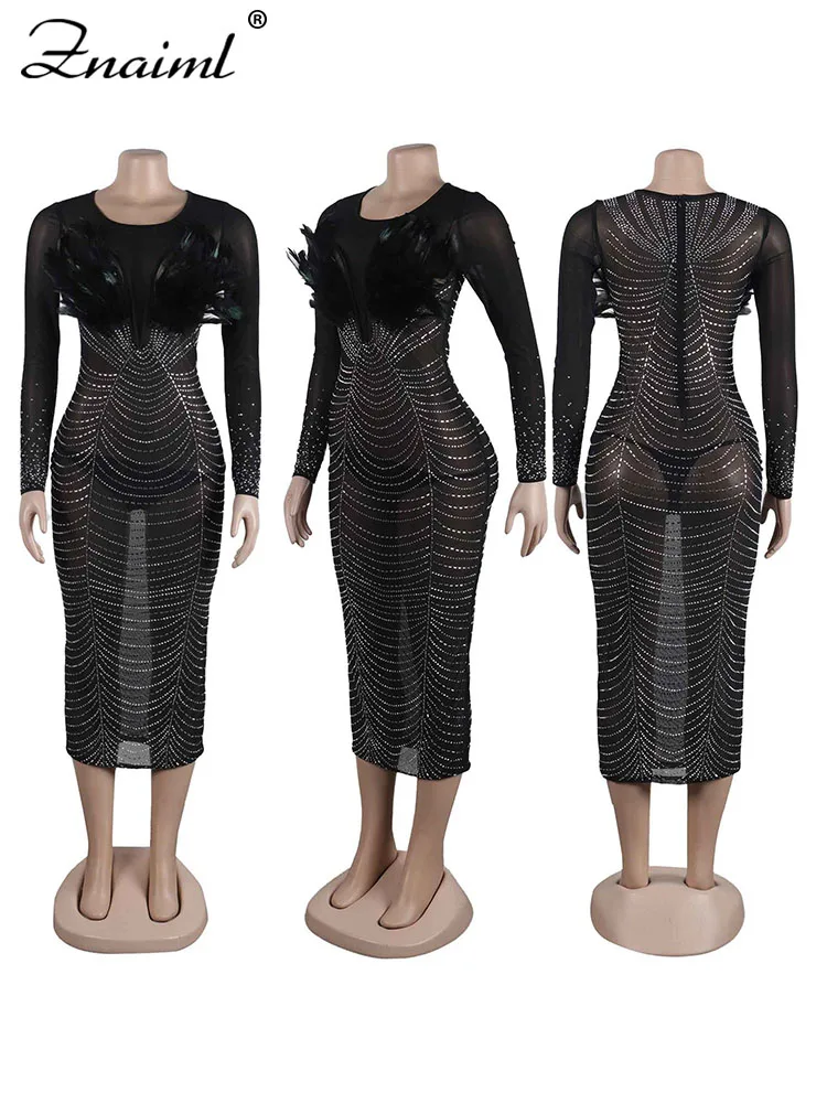 Znaiml Luxury Rhinestone Feathers Prom Party Midi Dress for Women Sexy Mesh  See Through Long Sleeve Patchwork Birthday Vestidos - AliExpress 200000345