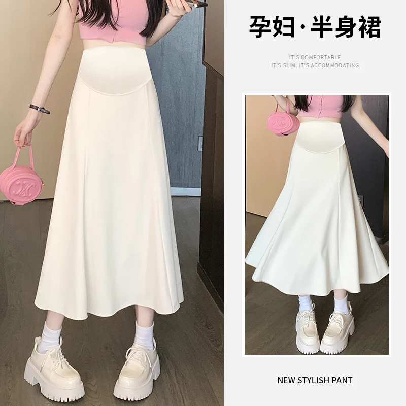 Summer Fashion A Line Drappy OL Maternity Skirts Elastic Waist Belly A Line Clothes for Pregnant Women Casual Pregnancy