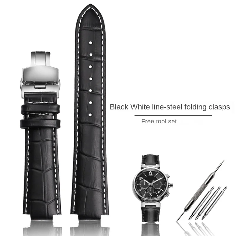 Luxurious Genuine Leather Watchband with Chain Butterfly Clasp