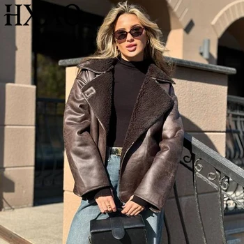 HXAO سترة جلدية فو معطف الشتاء الإناث زر طويلة الأكمام سترة بنية ديمي الموسم فو الصوف معاطف وسترة خلط