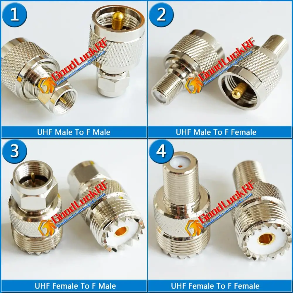 

4 Pcs/lot Kit Set F To UHF PL259 SO239 Connector F To UHF Male & Female Plug F - UHF TV Brass Straight RF Coaxial Adapters