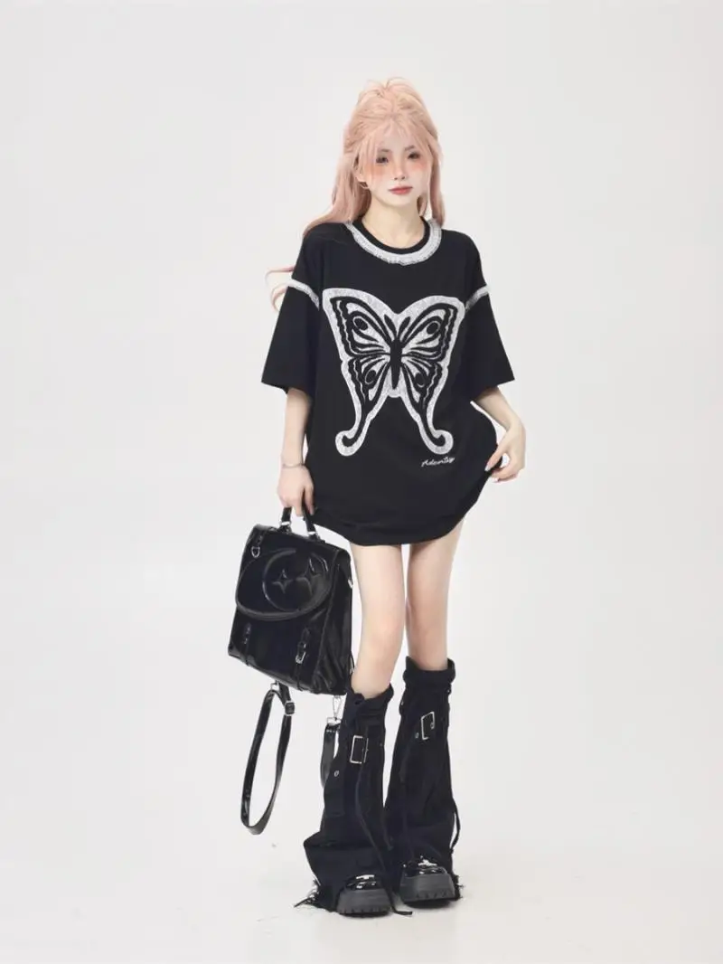 

Korean design niche lace edge butterfly embroidery black half-sleeved t-shirt for women 2024 new loose short-sleeved niche top
